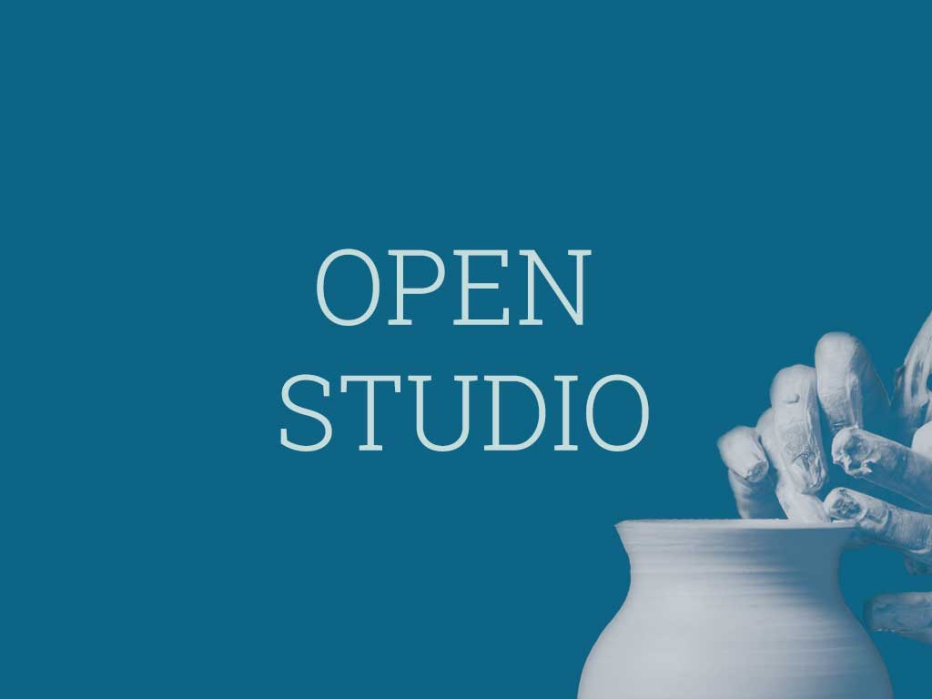 The words: Open Studio, with an image of hands wheel-throwing a pot