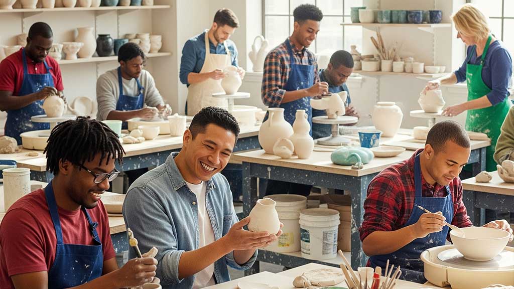 A brightly lit ceramics studio with a diverse group of artists working independently and having fun